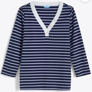 Draper James Navy and White Striped V-Neck Blouse